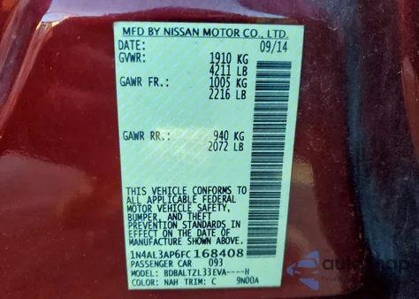 2015 Nissan Altima 2.5 from USA, damaged, VIN 1N4AL3AP6FC168408